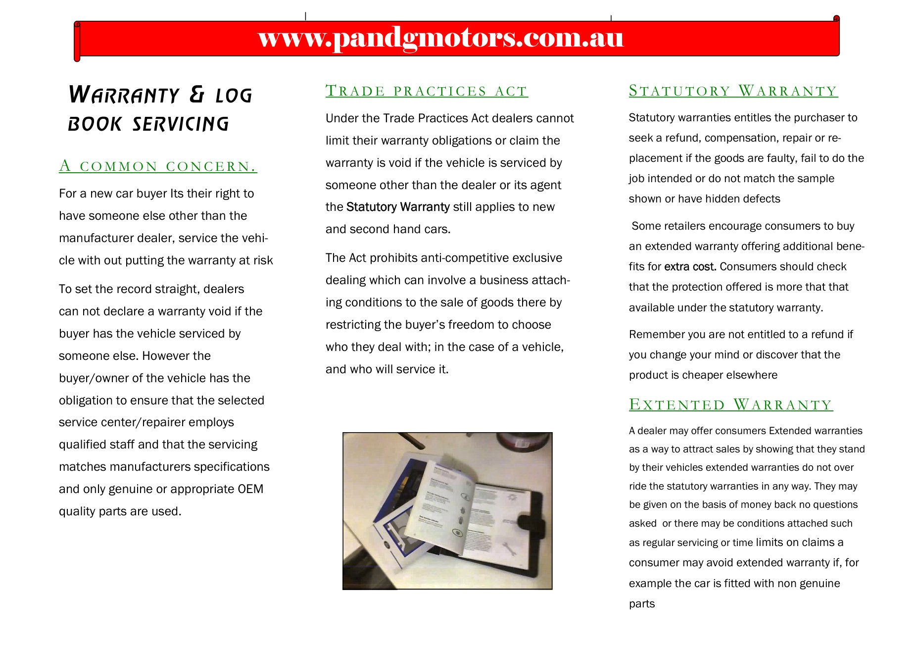 Warranty and log book servicing — statutory warranty and consumer rights